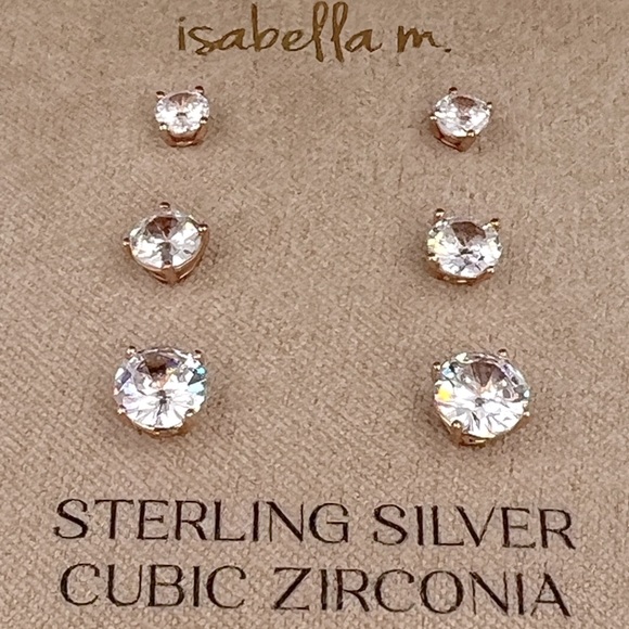 ISABELLA M, STERLING SILVER WITH CUBIC ZIRCONIA, ROSE GOLD STUD EARRINGS 3 PAIRS - Picture 5 of 16
